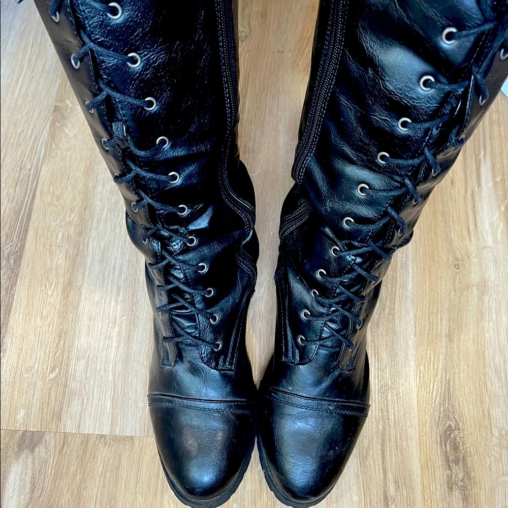 Knee High Lace Up Stacked Heel Boots